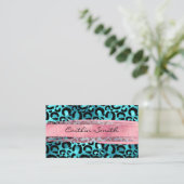 Faux Aqua Blue Folie Leopard Pink Bruske Stroke Visitekaartje (Staand voorkant)