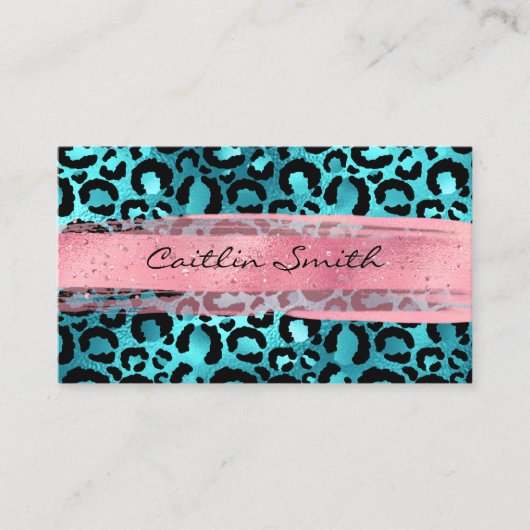 Faux Aqua Blue Folie Leopard Pink Bruske Stroke Visitekaartje (Voorkant)