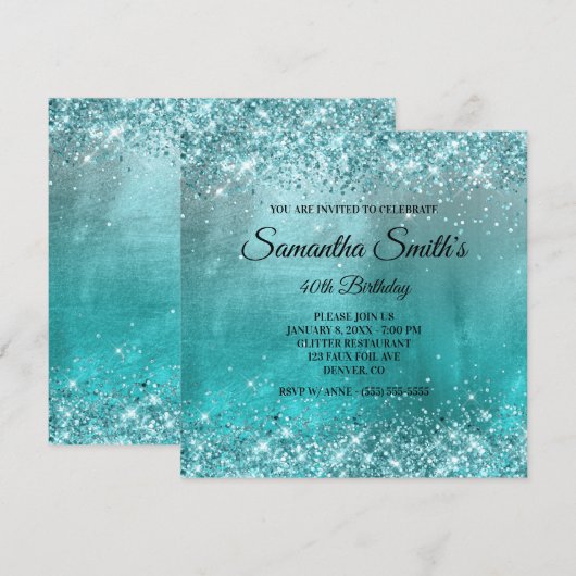 Faux Aqua Blue Glitter en Folie 40th Birthday Kaart (Voorkant / Achterkant)