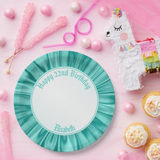 Faux Aqua Satin personaliseren "Happy Birthday" Papieren Bordje (Feest)