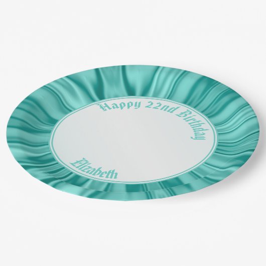 Faux Aqua Satin personaliseren "Happy Birthday" Papieren Bordje (Gekanteld)