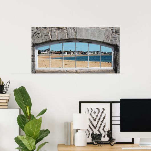 Faux Arched Window met Uitzicht van Sandy Beach Poster (Thuiskantoor)