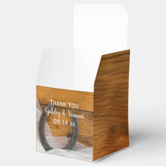 Faux Barn Wood Hoefijzer en Veil Wedding Bedankdoosjes (Geopend)
