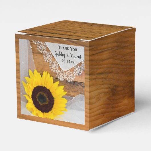 Faux Barn Wood Sunflower en Lace Country Weddensch Bedankdoosjes (Voorkant Zijde)