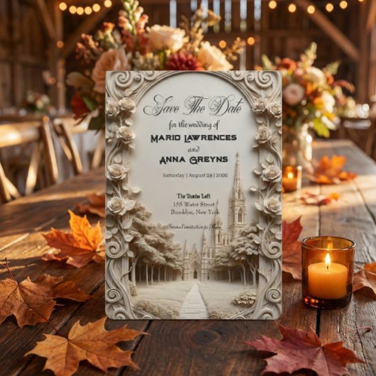 Faux Bas-Relief Carved Floral Archway Save The Date