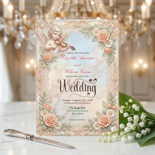 Faux Bas-Relief Marble & Cherub Angel Wedding Kaart