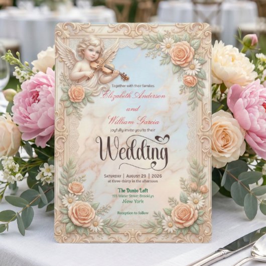 Faux Bas-Relief Marble & Cherub Angel Wedding Kaart