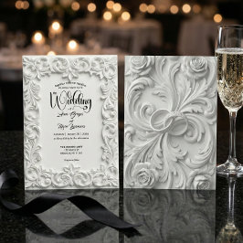 Faux Bas Relief Ornate White Wedding Invitation Kaart