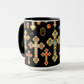 Faux Birthstone Crosses en losse Pareltjes op zwar Mok (Voorkant links)