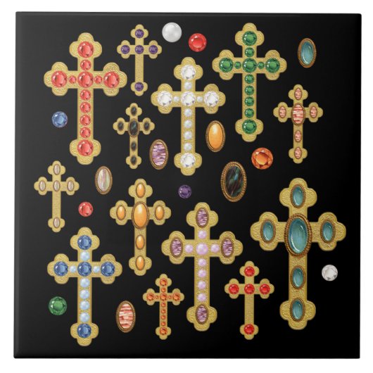 Faux Birthstone Crosses en losse Pareltjes op zwar Tegeltje (Voorkant)