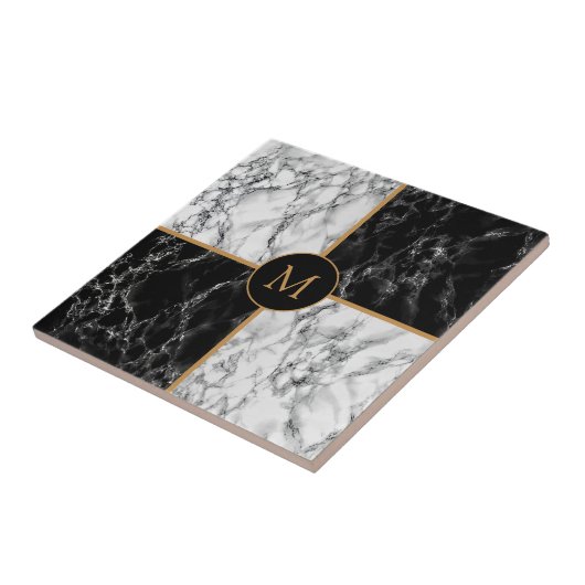 Faux Black and White Check Marble Monogram Tegeltje (Zijkant)