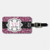 *Faux Black en Pink Glitter Personalized Girly Bagagelabel (Voorkant horizontaal)