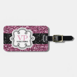 *Faux Black en Pink Glitter Personalized Girly Bagagelabel