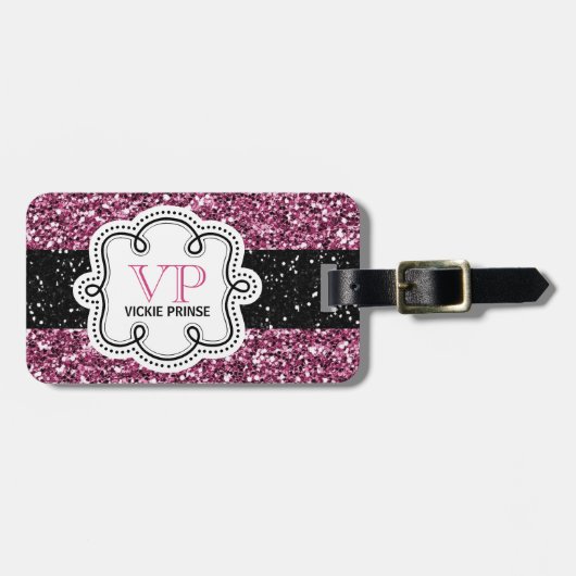 *Faux Black en Pink Glitter Personalized Girly Bagagelabel (Voorkant horizontaal)