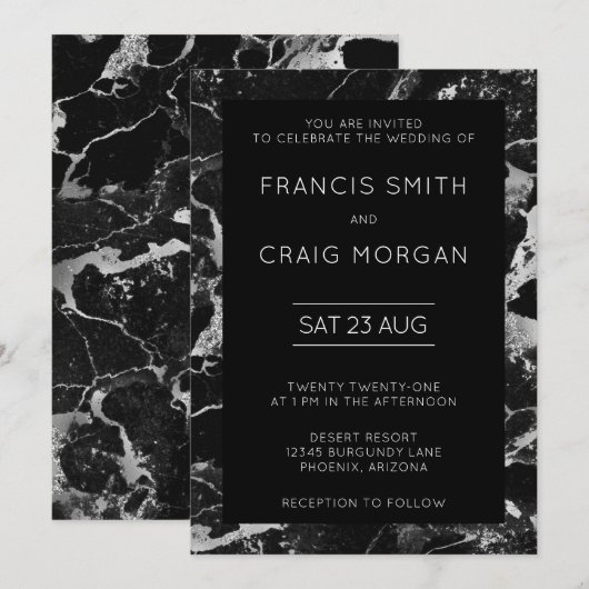Faux Black en Silver Marble Modern Wedding Kaart (Voorkant / Achterkant)