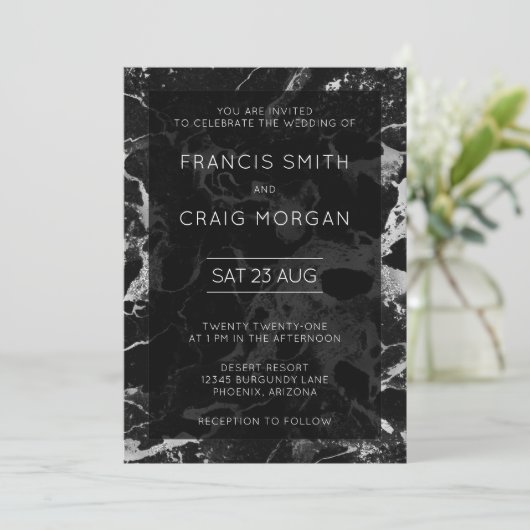 Faux Black en Silver Marble Wedding Kaart (Staand voorkant)