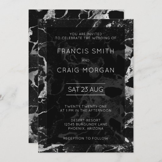 Faux Black en Silver Marble Wedding Kaart (Voorkant / Achterkant)