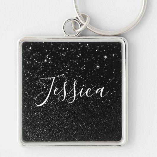 Faux Black Glitter Bokeh Foto gepersonaliseerd Sleutelhanger (Voorkant)