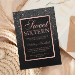 Faux black glitter elegant roos Gold chic Sweet 16 Kaart<br><div class="desc">Een modern,   en elegant faux zwart glitter douchecombre met zwart kleurenblok Sweet 16 verjaardagsfeestuitnodiging met roos gouden bolvormig patroon. Perfect voor een prinses Sweet-zestien,  perfect voor haar,  de fashionista die van modern patroon en glam houdt</div>