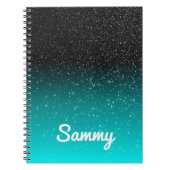 Faux Black Glitter en Aqua Ombre Persoonlijk Notitieboek (Voorkant)