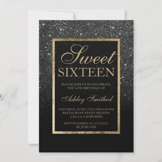 Faux black glitter Gold elegant chic Sweet 16 Kaart (Voorkant)