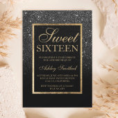 Faux black glitter Gold elegant chic Sweet 16 Kaart