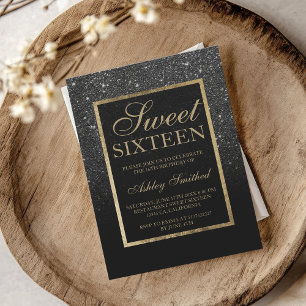 Faux black glitter Gold elegant chic Sweet 16 Kaart