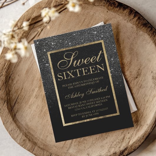 Faux black glitter Gold elegant chic Sweet 16 Kaart