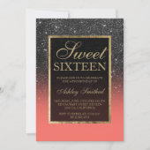 Faux black glitter Gold elegant coral Sweet 16 Kaart (Voorkant)