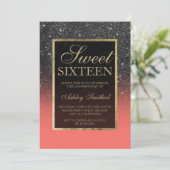 Faux black glitter Gold elegant coral Sweet 16 Kaart (Staand voorkant)