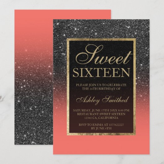 Faux black glitter Gold elegant coral Sweet 16 Kaart (Voorkant / Achterkant)