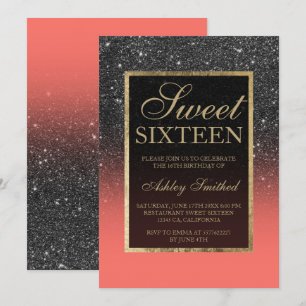 Faux black glitter Gold elegant coral Sweet 16 Kaart