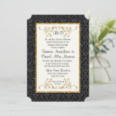 Faux Black Gold Glitter Damask Pattern Weddenschap Kaart (Staand voorkant)