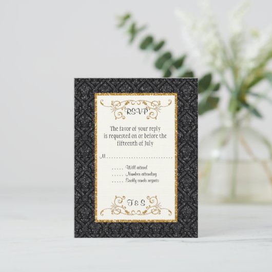 Faux Black Gold Glitter Damask Style RSVP (Staand voorkant)