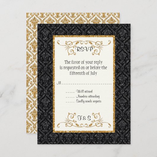 Faux Black Gold Glitter Damask Style RSVP (Voorkant / Achterkant)
