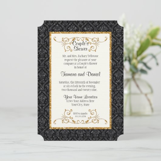 Faux Black Gold Glitter Damask Ticket Style Invite Kaart (Staand voorkant)