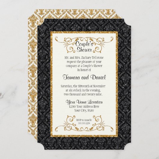 Faux Black Gold Glitter Damask Ticket Style Invite Kaart (Voorkant / Achterkant)
