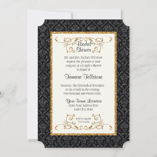 Faux Black Gold Glitter Damask Ticket Style Invite Kaart (Voorkant)