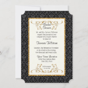 Faux Black Gold Glitter Damask Ticket Style Invite Kaart