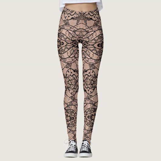 Faux Black Lace Fishnet-Leggings met bloemen Leggings (Voorkant)