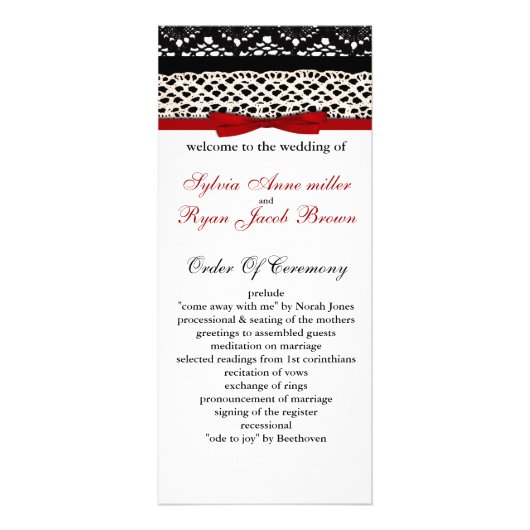FAUX Black Lace Red Ribbon Wedding Invitations Reclamekaart (Voorkant)