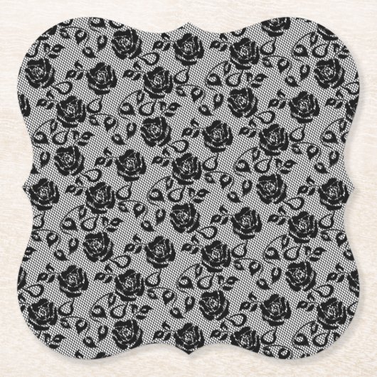Faux Black Lace Rozen Fishnet Paper Onderzetter (Voorkant)