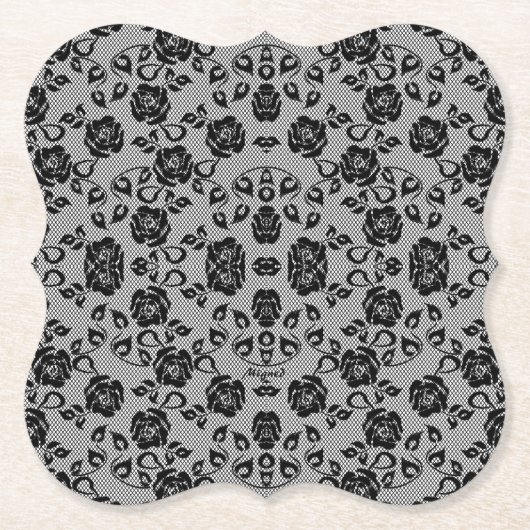 Faux Black Lace Rozen Fishnet Paper Onderzetter (Voorkant)