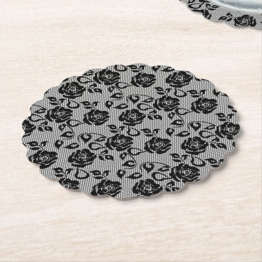 Faux Black Lace Rozen Fishnet Paper Onderzetter (Gekanteld)