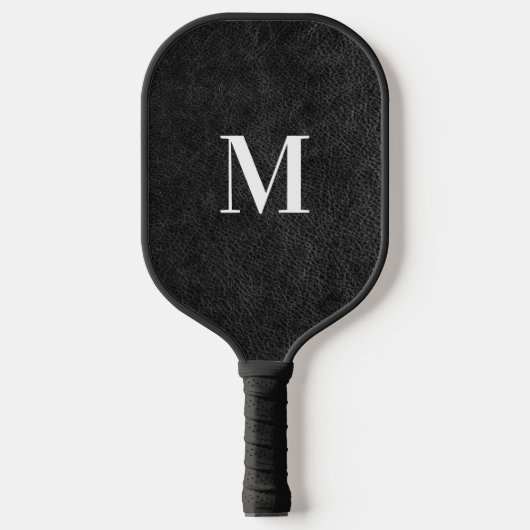 Faux Black Leather Modern Monogram Pickleball Paddle (Voorkant)