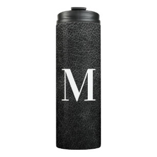 Faux Black Leather Modern Monogram Thermosbeker