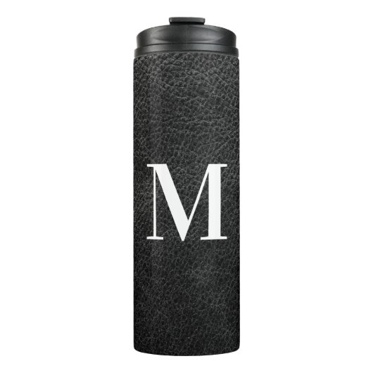 Faux Black Leather Modern Monogram Thermosbeker (Voorkant)