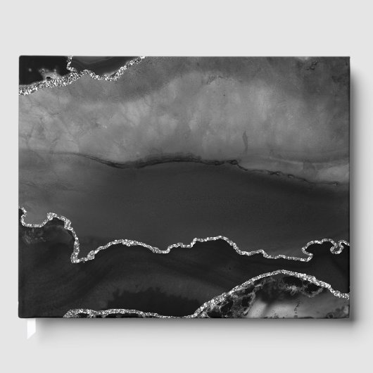 Faux Black Marged Agate Elegant Silver Glitter Gastenboek (Voorkant)