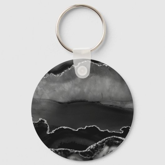Faux Black Marged Agate Elegant Silver Glitter Sleutelhanger (Voorkant)