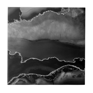 Faux Black Marged Agate Elegant Silver Glitter Tegeltje